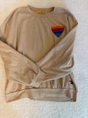 Aviator Nation Beige Crewneck Sweatshirt Rainbow Heart Patch size M